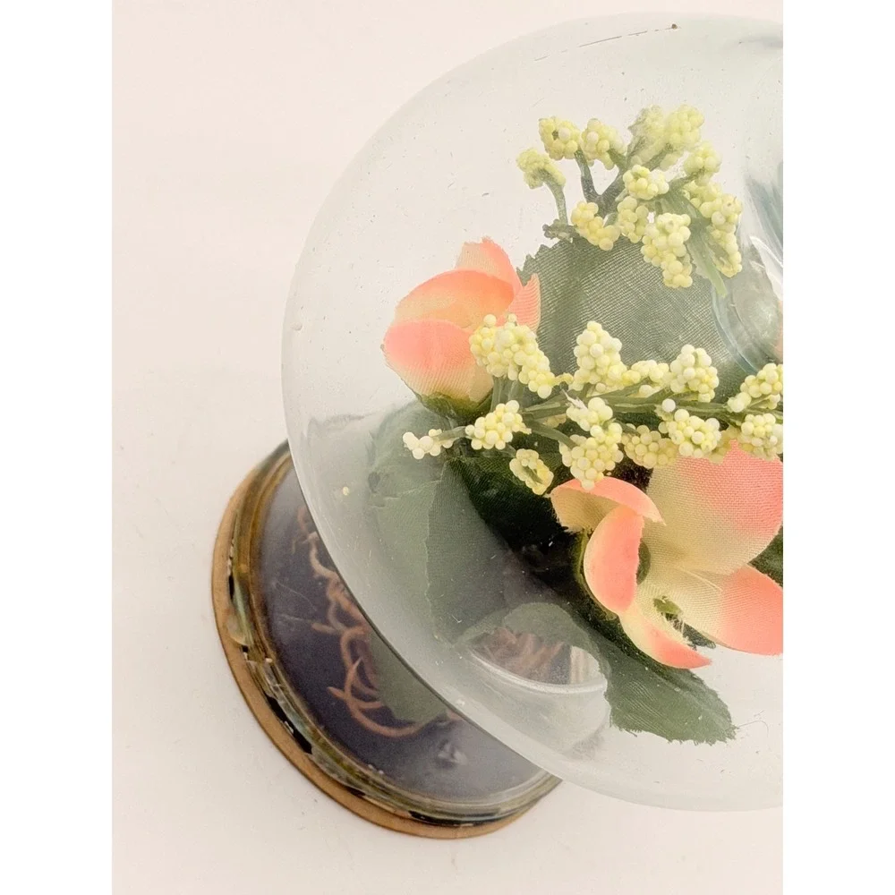Vintage Glass Terrarium Votive Candle Holder Faux Pink Flowers Metal Base Orb